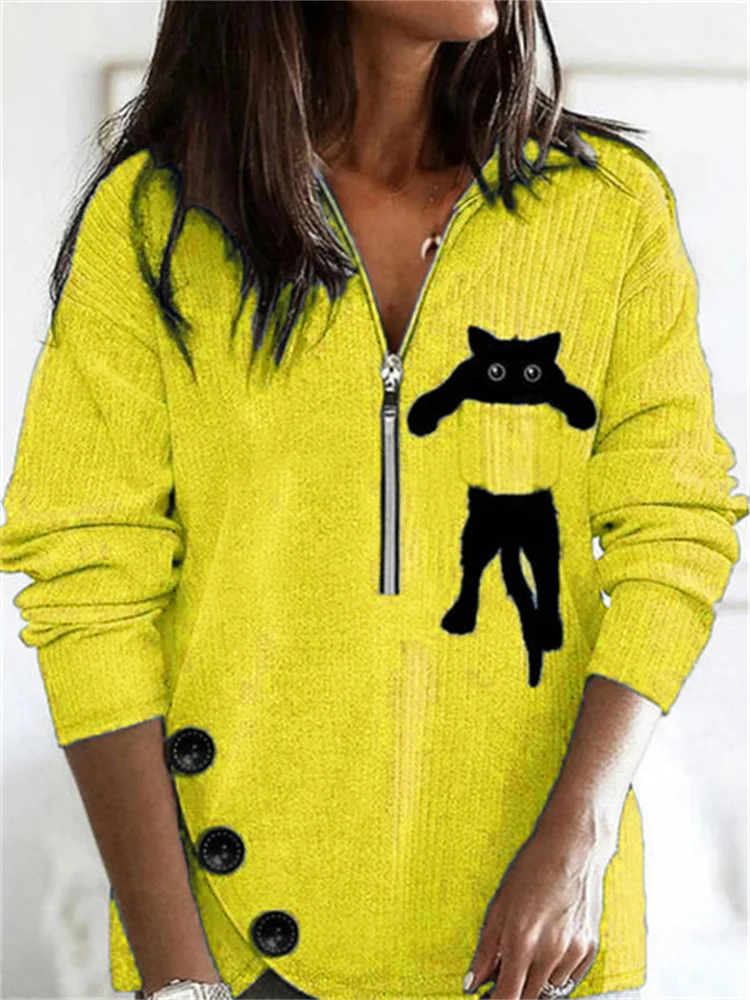 Cat Pocket Zip Up Button Slit Knit Pullover
