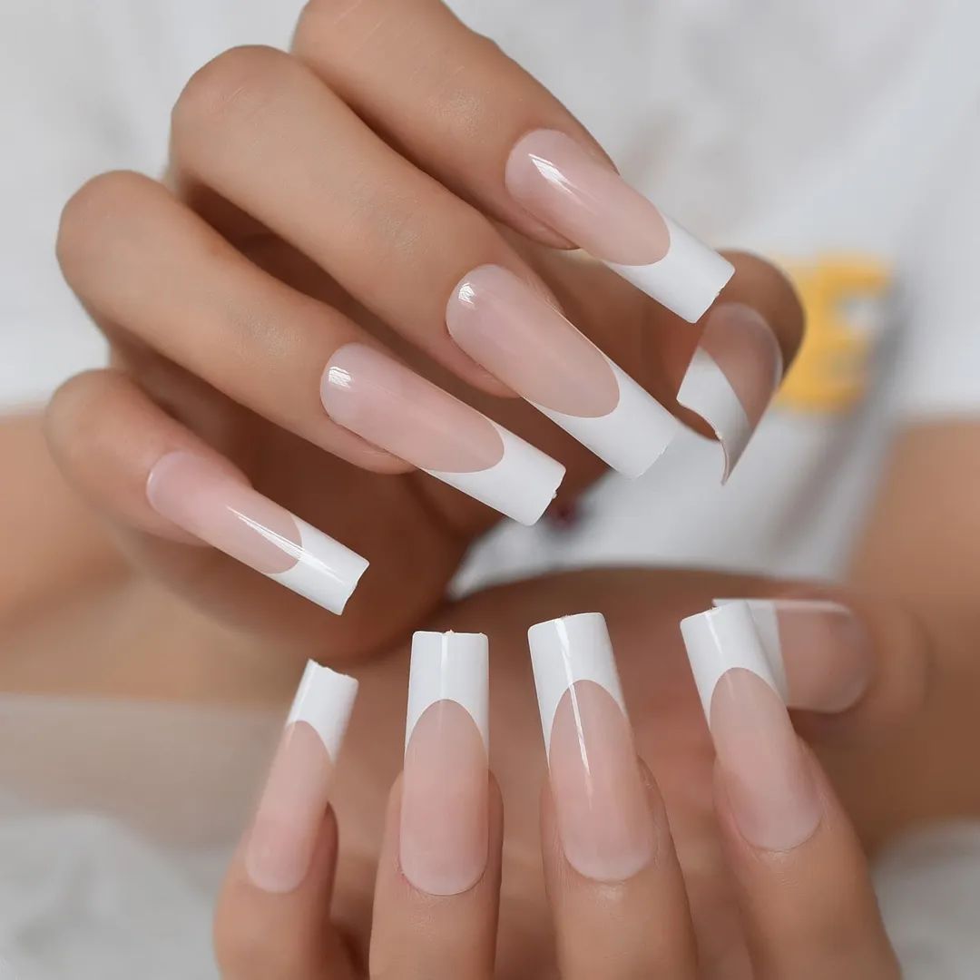 24pcs Long Square Fake Nails Nude White French Tip Press On Nails Full Cover Glossy Gel False Nail Art Manicure for Women-Nail Inspo