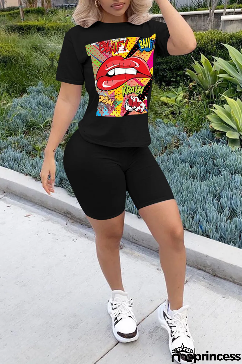 Orange Casual Letter Print Split Joint O Neck Short Sleeve Two Pieces