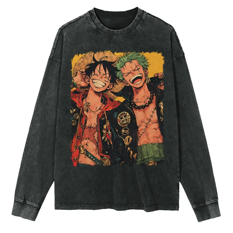 One Piece Anime Printed Washed Long Sleeve T-shirt