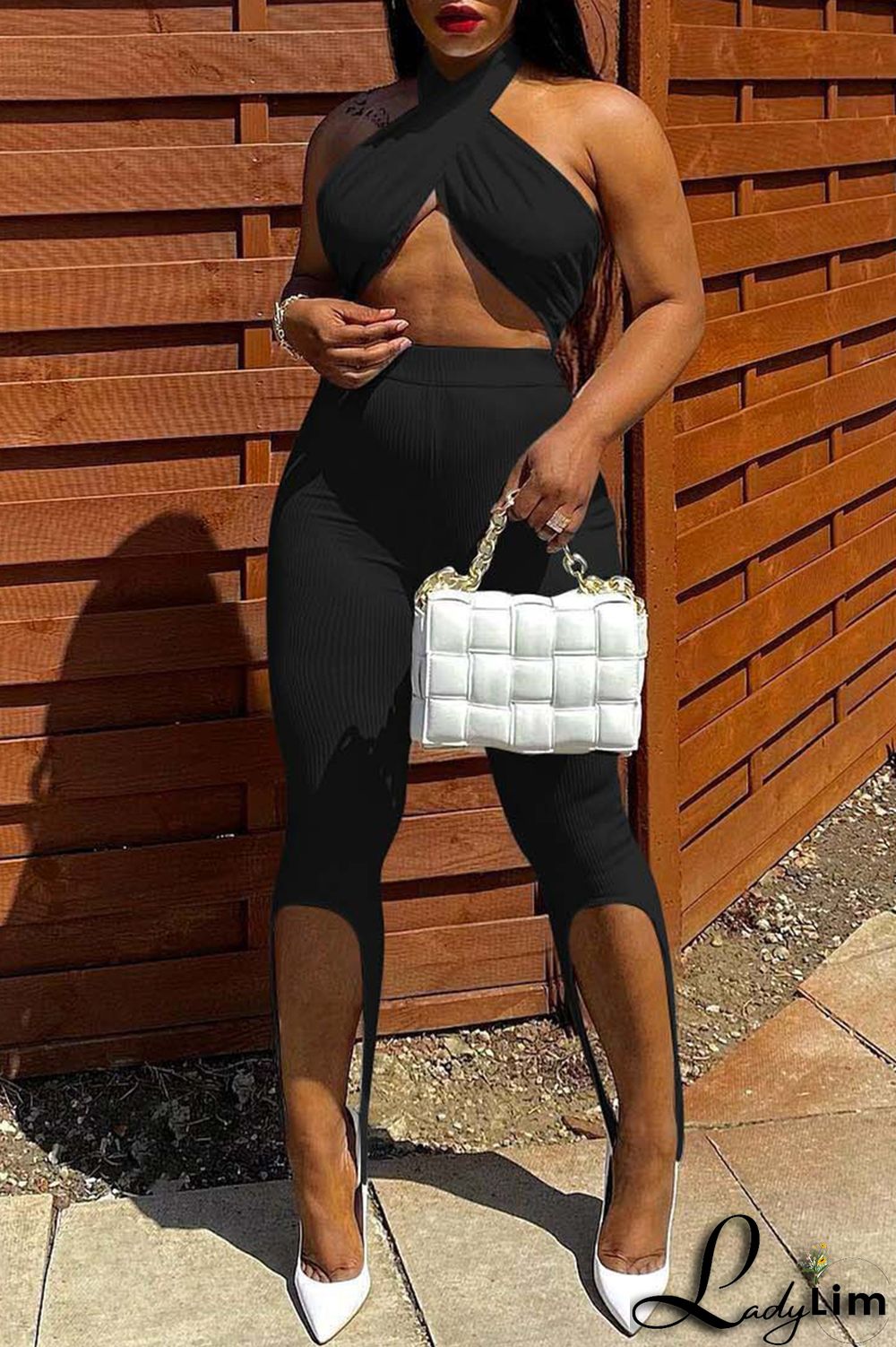 White Fashion Sexy Solid Bandage Backless Asymmetrical Halter Sleeveless Two Pieces