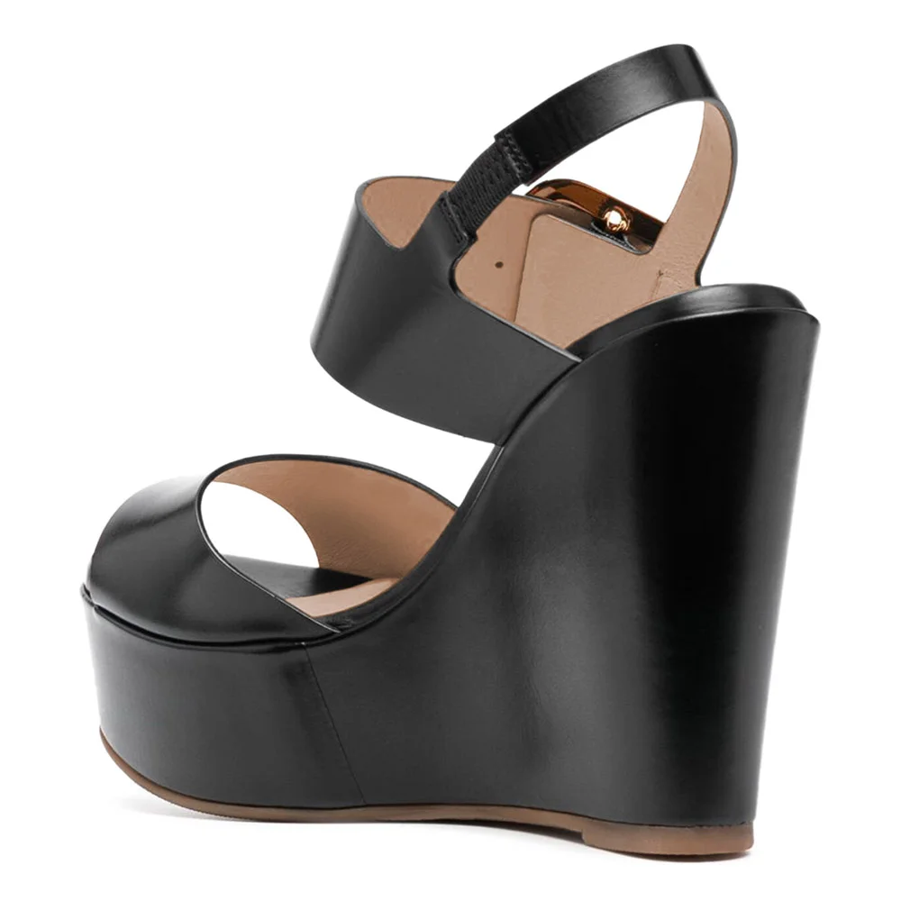 Round Toe Buckle Ankle Strappy Black Wedge Sandals with Platform