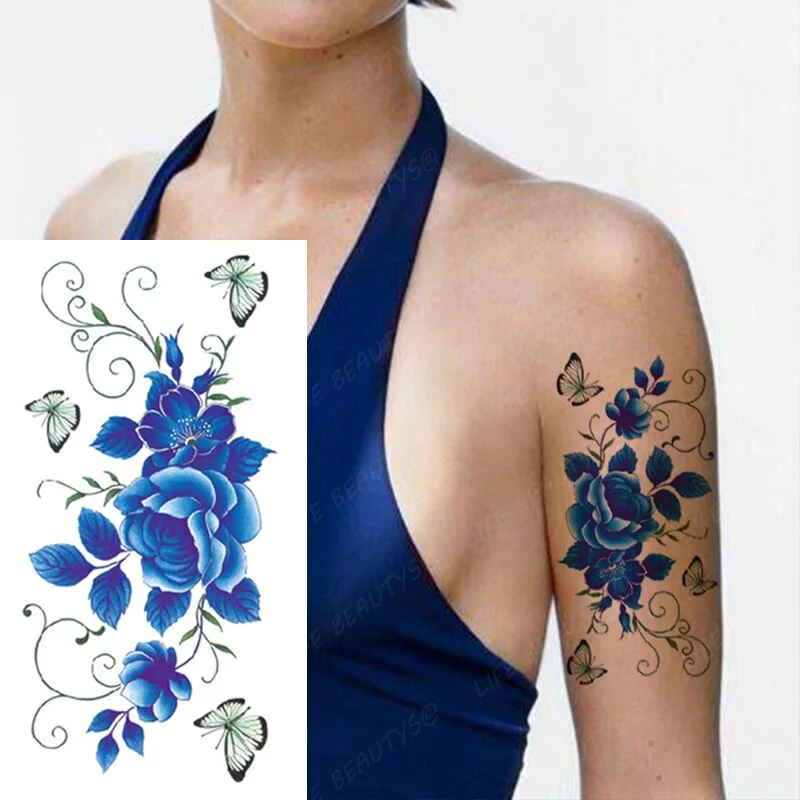 Sdrawing Temporary Flower Tattoos Women Fashion Beauty Rose Butterfly Flash 3D Fake Tattoo Arm Sleeve Pink Blue Sticker Girl