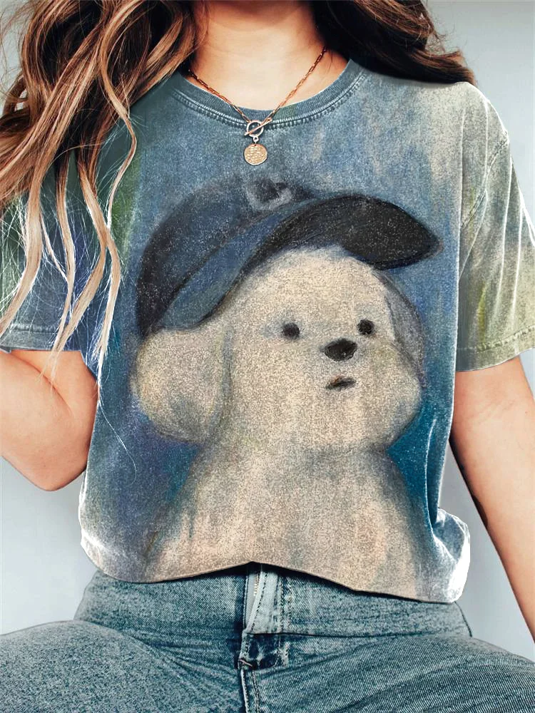 Cute Oil Painting Dog Print Cotton Blend T-shirt