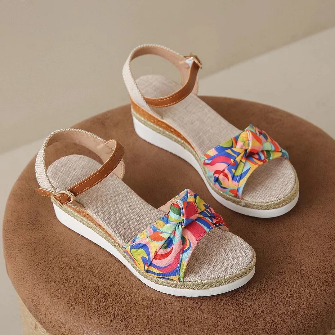 Yyvonne New Fish Mouth Bow Buckle Thick Bottom Slope Sandals Women's Large Size Hemp Rope Bottom Flat Bottom Women Sandals