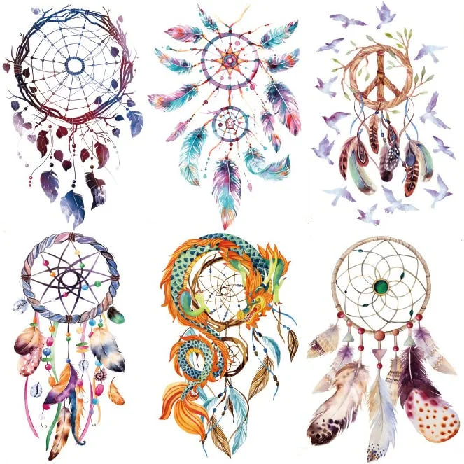 6 Sheets Arm Large Temporary Tattoos - Colorful Dream Catcher Dreamcatcher Feather Dragon Bird World Peace