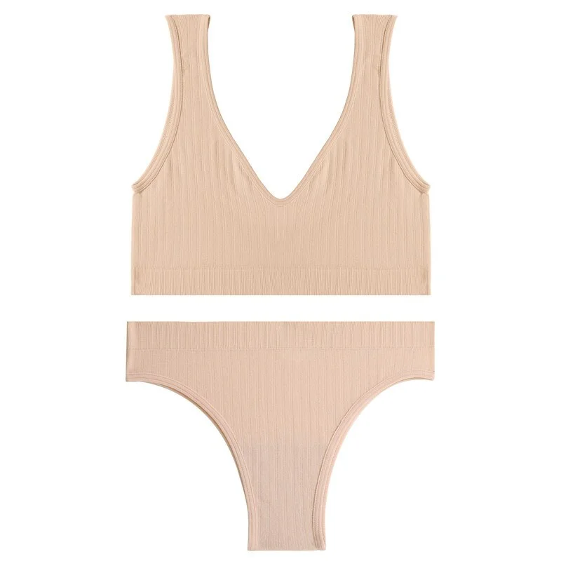 FINETOO Padded Bra Set Women Backless Tops Seamless Panties Female Deep V Bralette M-XL Wireless Bras Suit Ladies Lingerie 2021