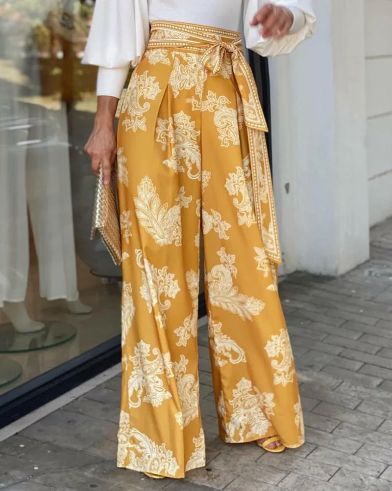 Long-Sleeve Balloon Sleeve Top & Printed Wide-Leg Pants Two-Piece Set
