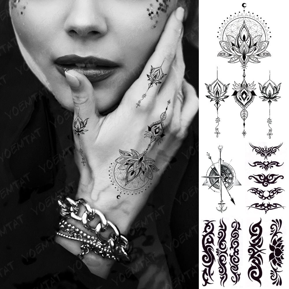 Waterproof Temporary Tattoo Sticker Lace Lotus Totem Flash Tatoo Black Henna Mandala Hand Wrist Fake Tatto For Body Art Women