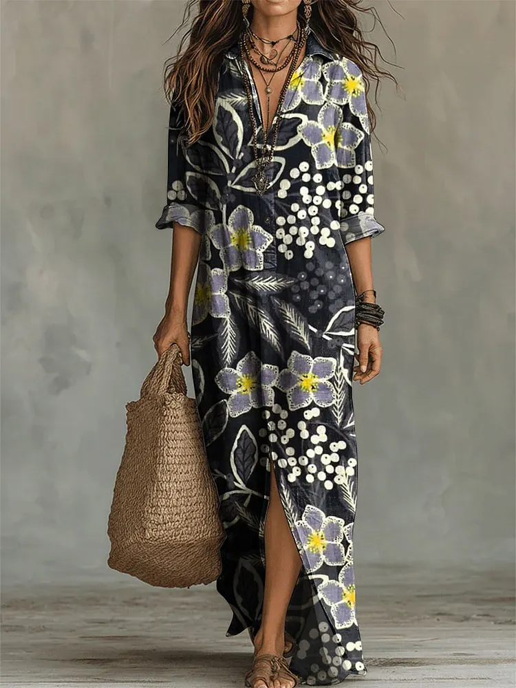 Women's Flower Print Casual Solid-color Linen-cotton Dress