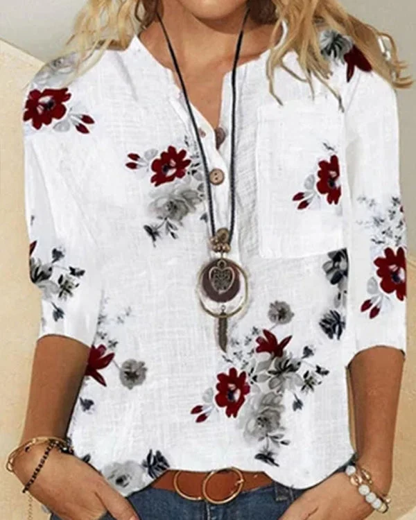 Flower Print 3/4 Sleeve Stand Collar with Button Women Blouse