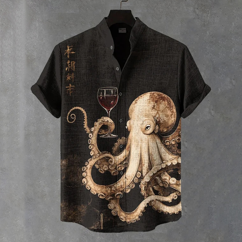 Men's Octopus Drinking Red Wine Art Print Casual Shirt  artssus