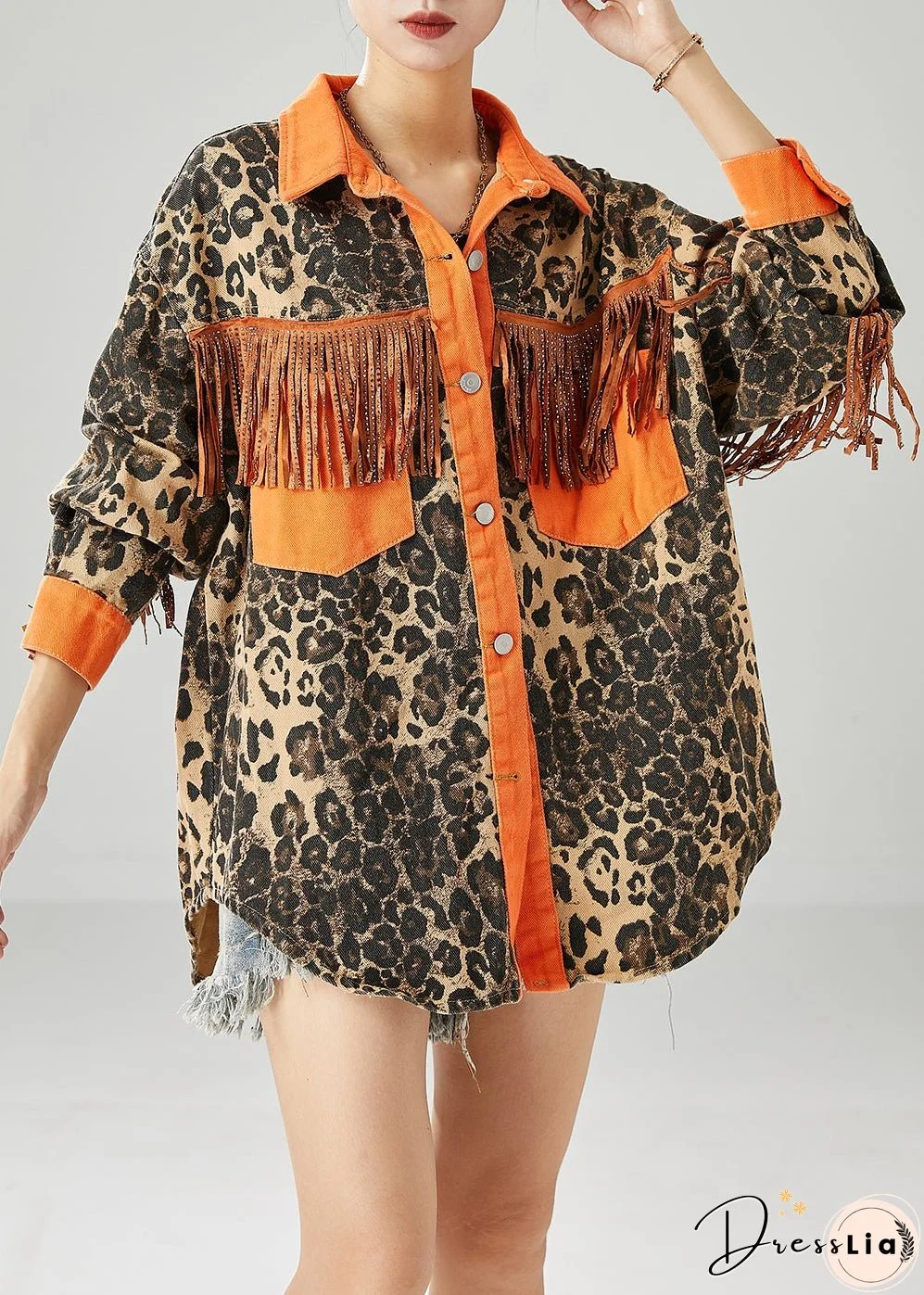 Orange Patchwork Cotton Coats Tasseled Leopard Print Fall
