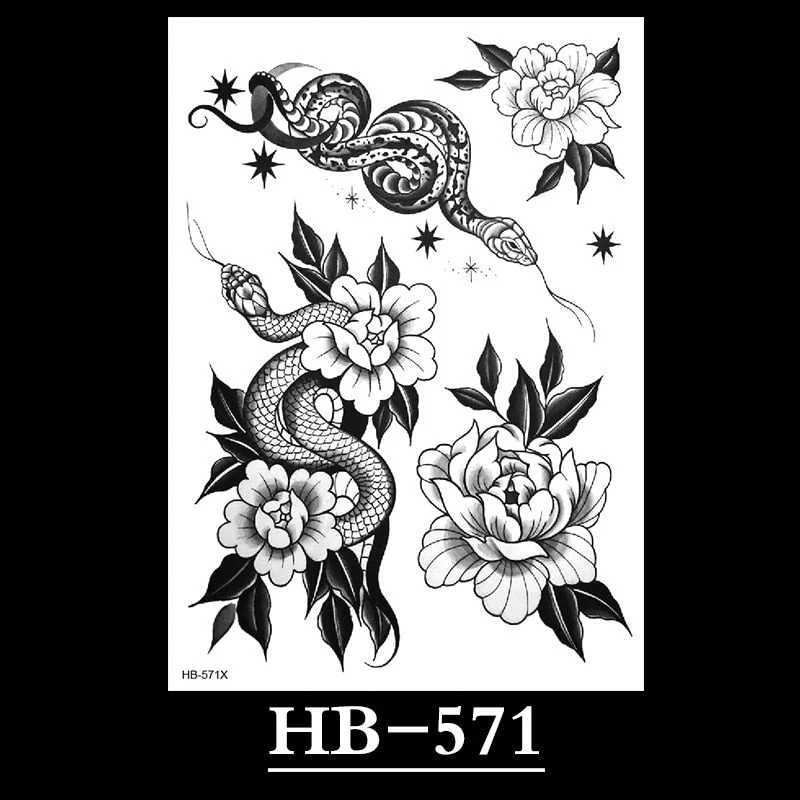 New Temporary Tattoos for Women Flower Sketch Tattoo Stickers Black and White Arm Art Snake Stickers Waterproof and Sweat Tattoo