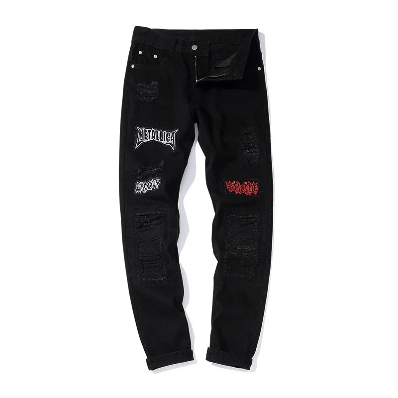 High Street Hole Retro Graffiti Black Skull Jeans Men's Original Straight Slim Punk Pants Calca Masculina Denim Trousers