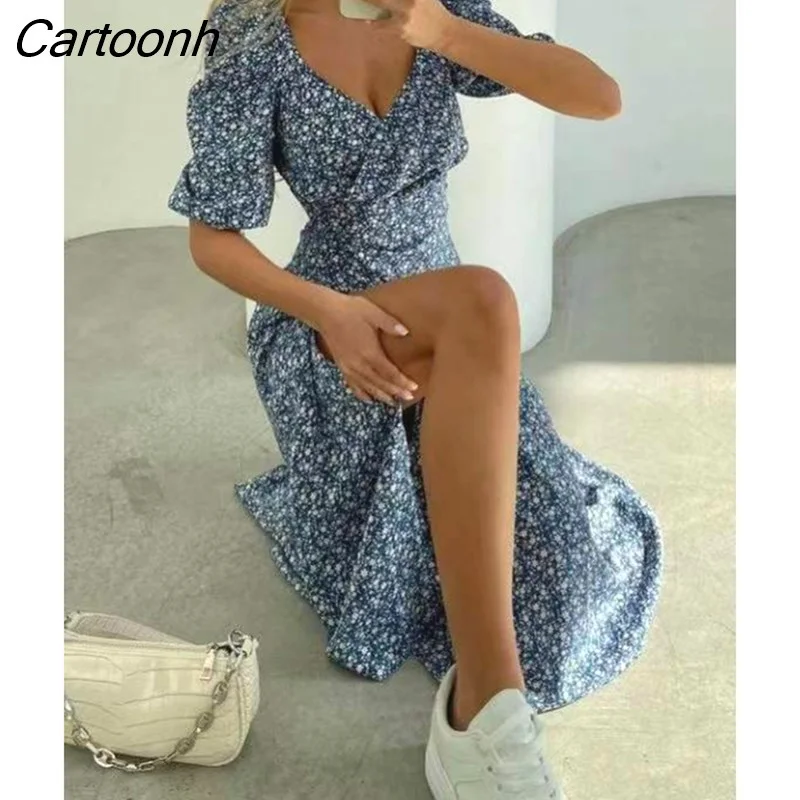 Cartoonh Women Summer Dress with Side Slit Elegant Chiffon Floral Print Vintage Long Maxi Dresses for Women 2023 New Beach Vestidos