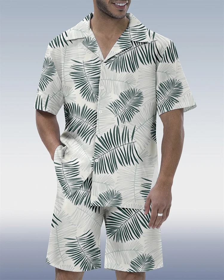Men's Casual Vacation Hawaiian Cuban Collar Short Sleeve Shirt Set
