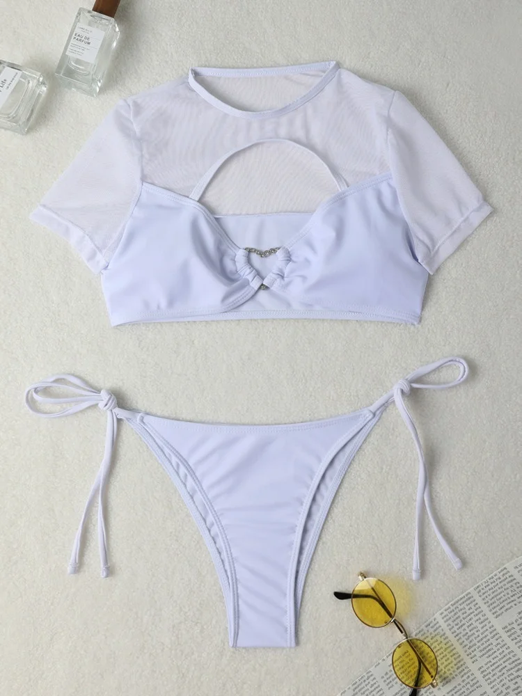 Uveng 2024 New Sexy Hollow Mesh Spliced Love Diamond Split Swimsuit Bikini