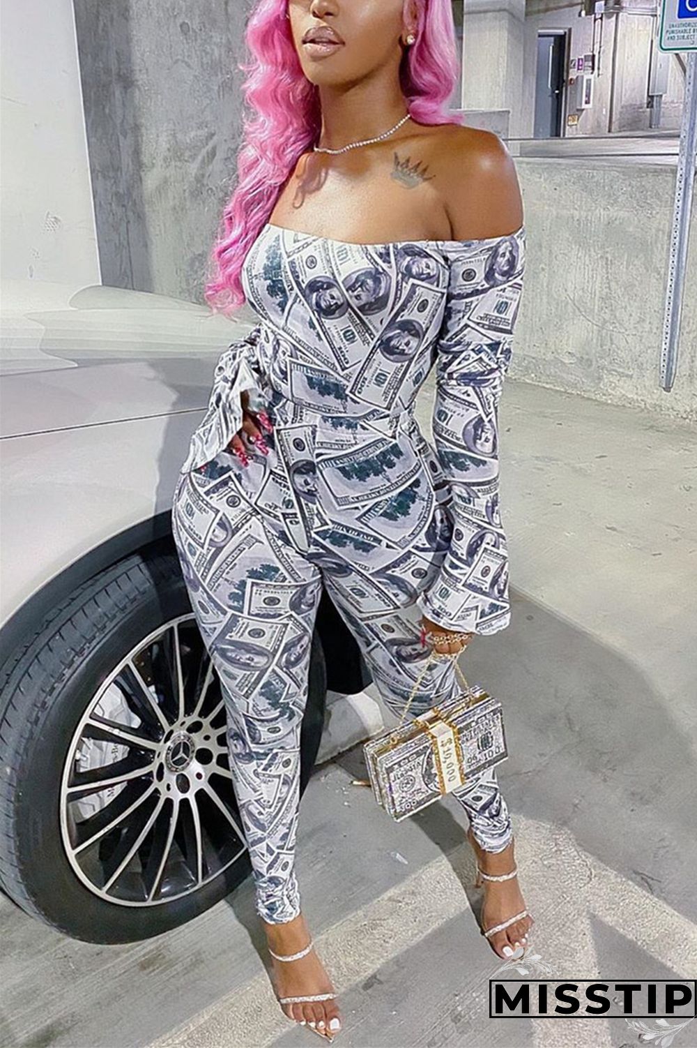 Gray Fashion Sexy Long Sleeve Bateau Neck Off The Shoulder Regular Print Two Pieces