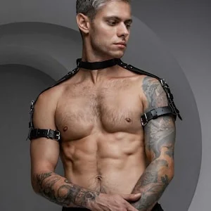 pornhint Pornhint Men Shoulder Harness Chest Cage Top Leather Vegan BDSM Rave Fetish Kinky Caged Belt Wrap Gay Clothing Gift for Boyfriend