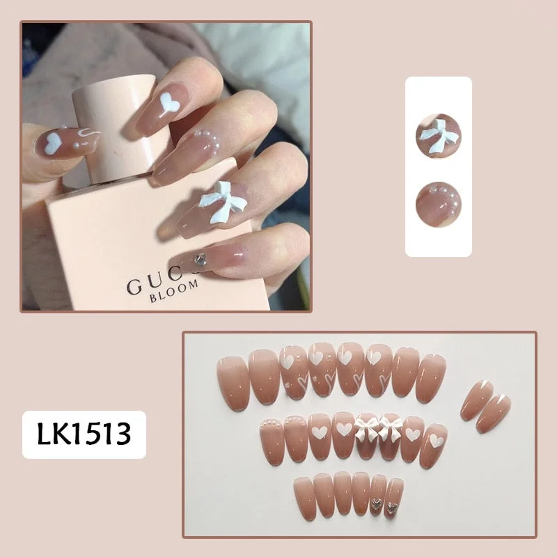 24pcs Butterfly Print Nails Patch Glue Type Long Paragraph Fashion Manicure Patch False Nails Save Time Nail Patch New SANA889-Nail Inspo