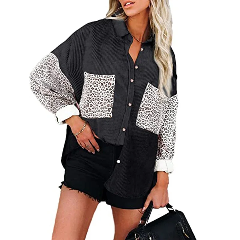 Women's Jacket Leopard Print Stitching Corduroy Casual Shirt