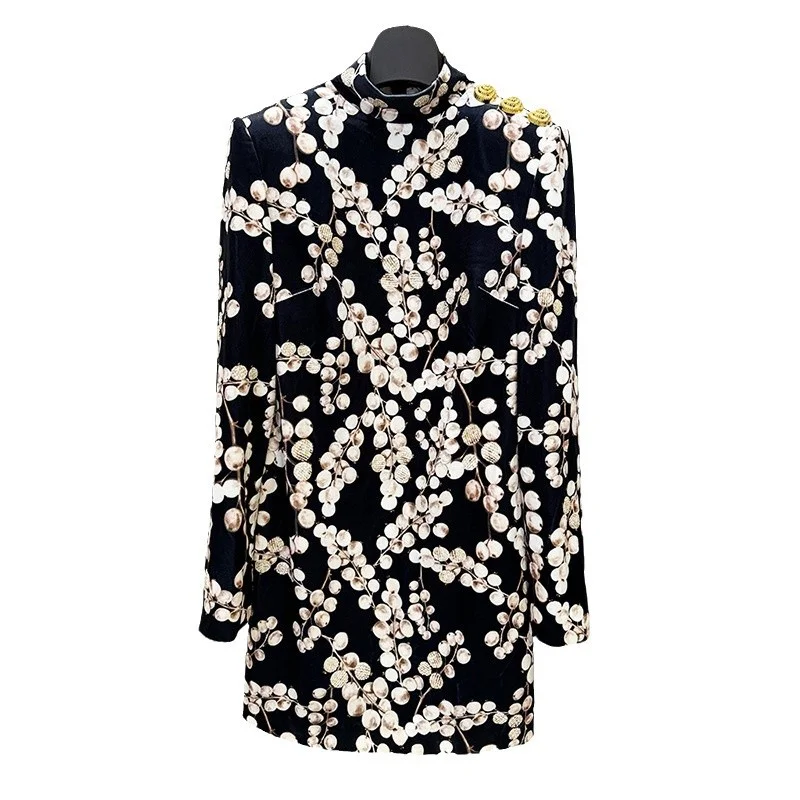 Nigikala Nigikala Star Autumn And Winter New Heavy Industry Nail Pearl Gallon Fruit Printing Gold Velvet Long Sleeve Dress