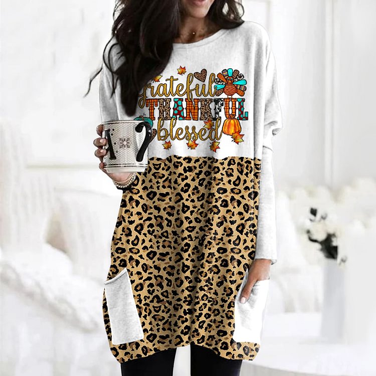 BrosWear Thanksgiving Leopard Print Patchwork Tunic