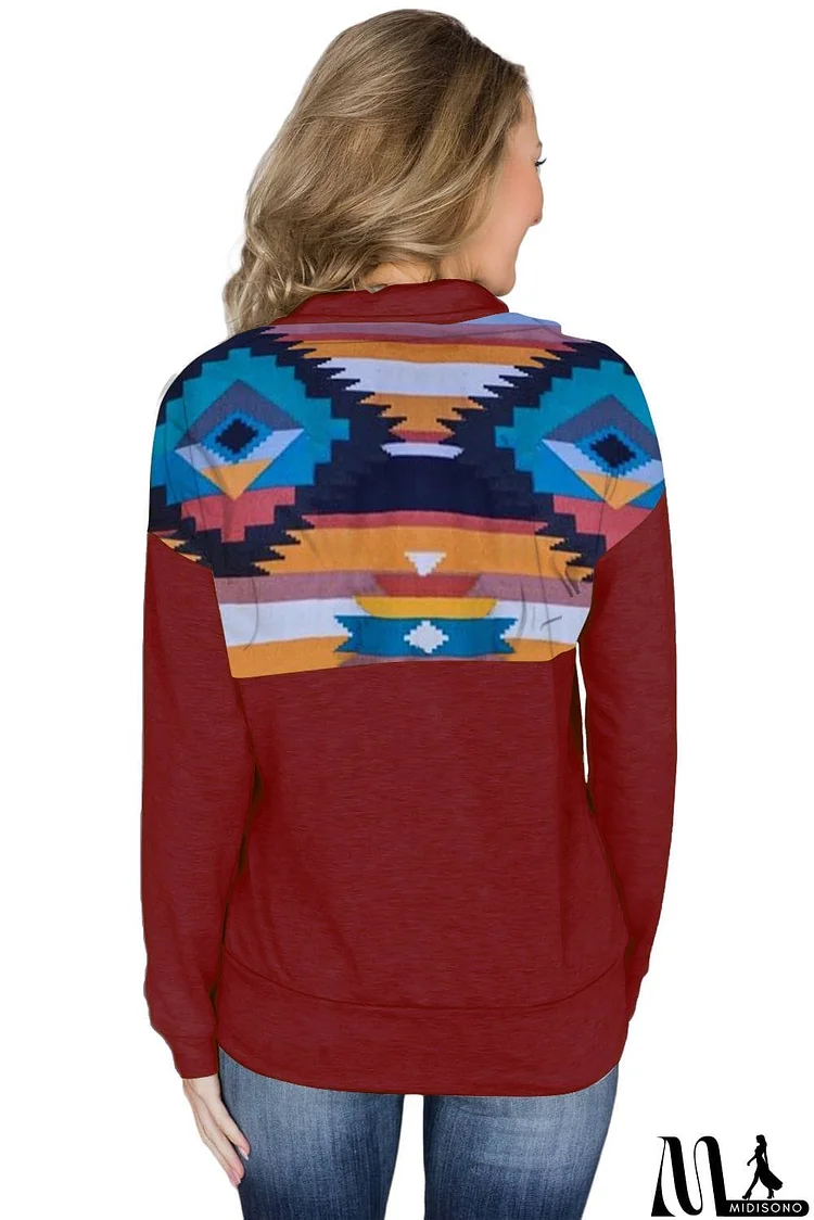 Turn Down Collar Zip Tribal Print Sweatshirt
