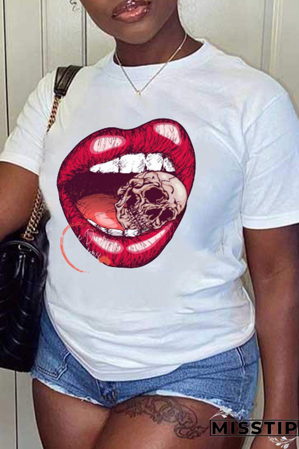 White Street Vintage Lips Printed Patchwork O Neck T-Shirts