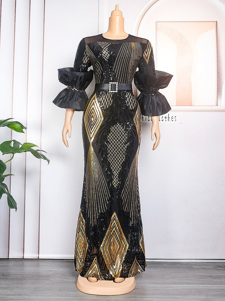 African Americans fashion QFY Elegant Women Luxury Evening Dresses African Ankara Sequin Gown Wedding Party Plus Size Maxi Dress Robe Africaine Femme 2022 Ankara Style QueenFunky