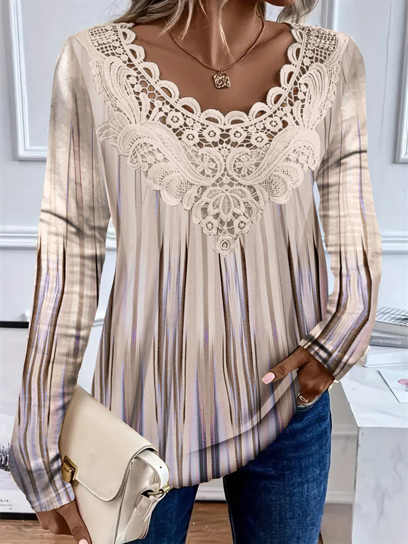 Women's Long Sleeve Scoop Neck Striped Printed Lace Stitching Top