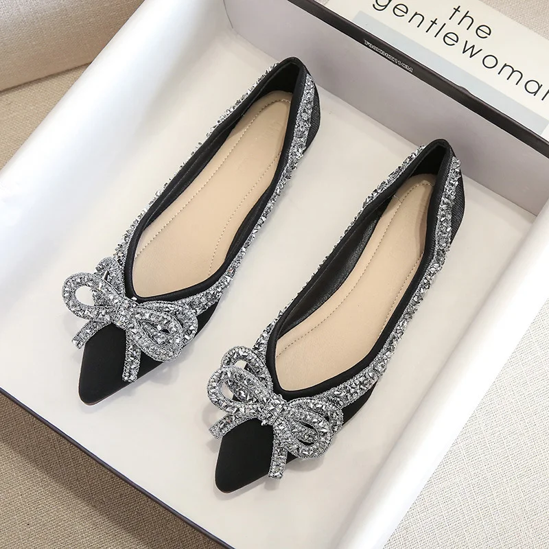 Canrulo New Ballet Flats Shoes for Women Fashion Rhinestones Bow Flat Footware Female Plus Size Moccasin Boat Shoes Chaussure Femme
