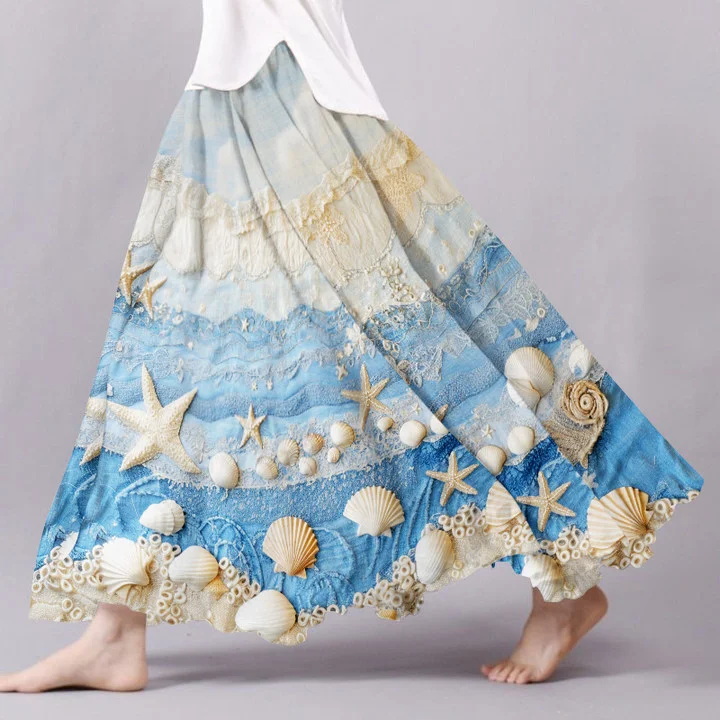 Vintage Starfish & Sea Shells Sea Waves Art Pattern Flowy Wide Skirt