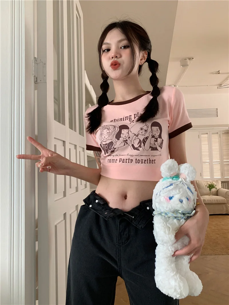 Brownm Brownm Summer Vintage Print T-Shirt Women's Color Round Neck Slim Short Sleeved Top Girl