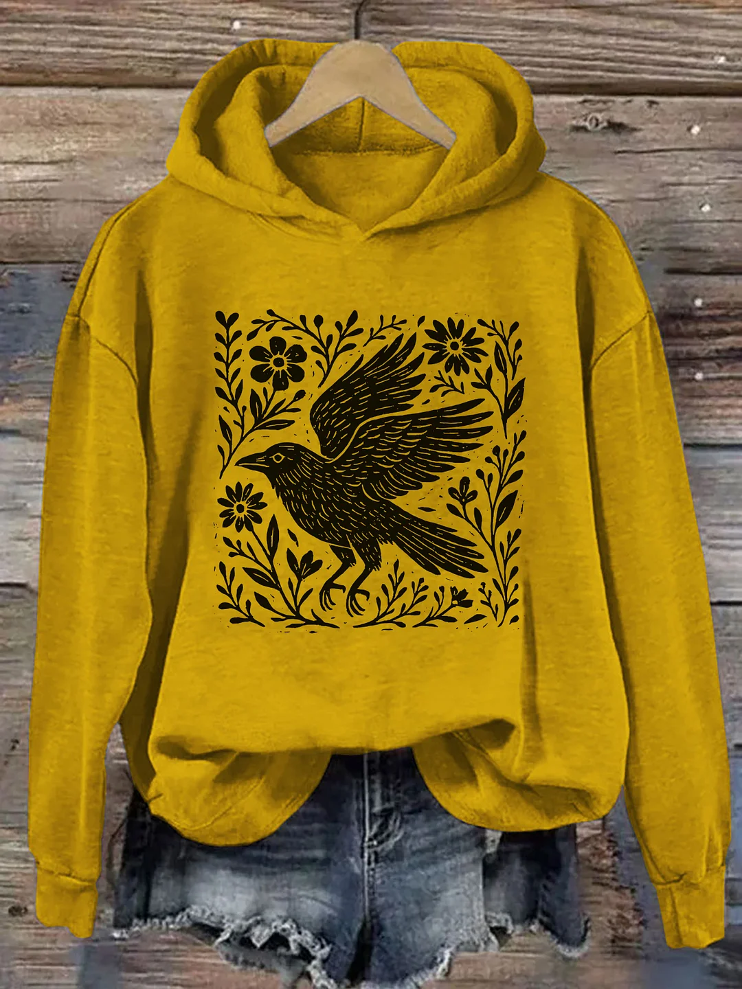 Folklore Forest Crow Lino Print Hoodie