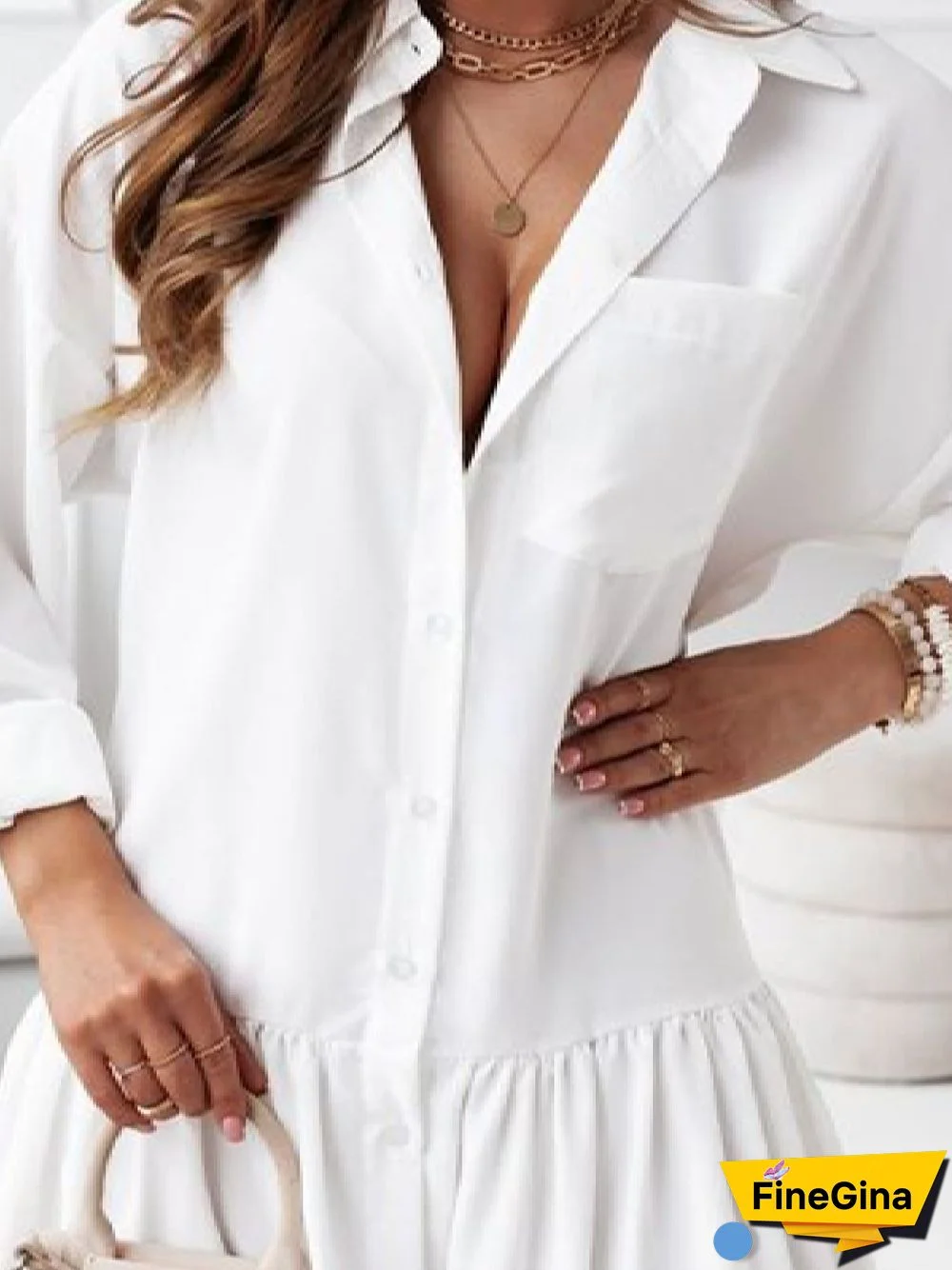 Casual Plain Shawl Collar Loose Long Sleeve Dresses