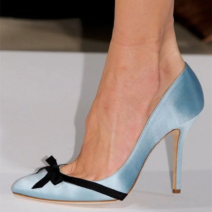 Cute Light Blue Pointy Toe Stiletto Heels Pumps with Black Bows Vdcoo