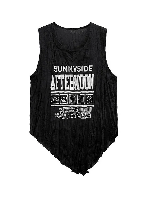 Loose Sleeveless Asymmetric Letter Print Pleated Round-Neck Vest Top
