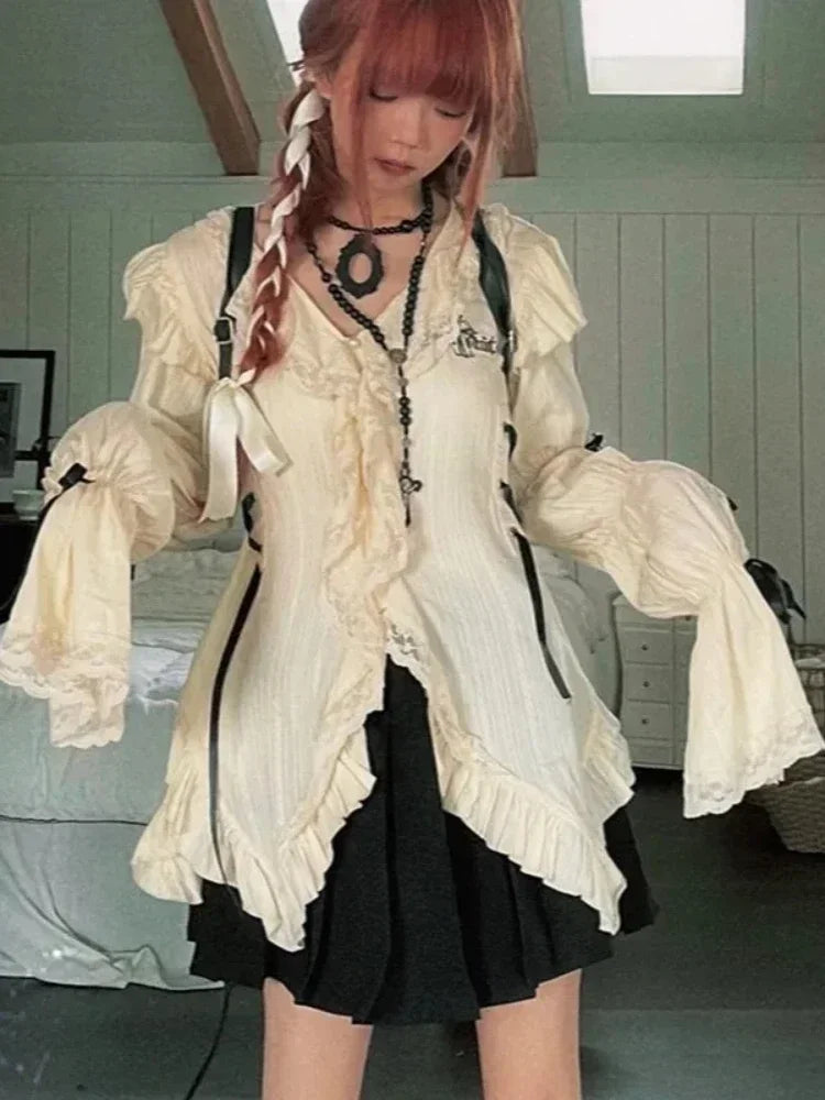 Aiertu Grunge Gothic Mall Goth Harajuku Y2k Aesthetics Lace Shirt Lolita Fairy Bandage Blouses 2024 Fashion Irregular Top Aiertu