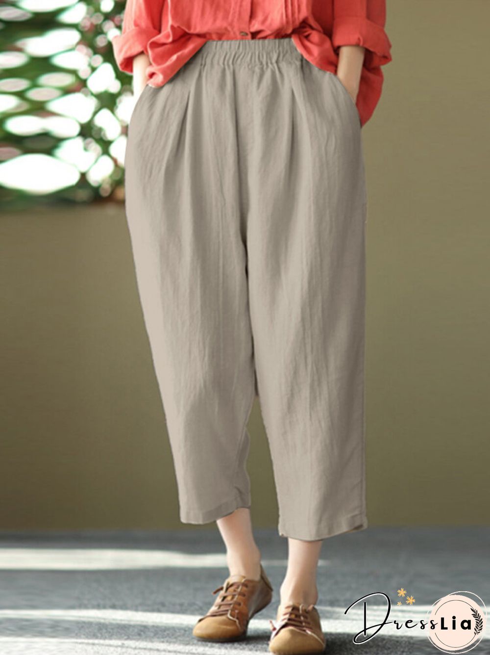 Women Solid Pocket Elastic Waist Casual Harem Pants