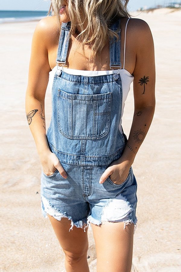 Denim Ripped Pocket Overall Shorts