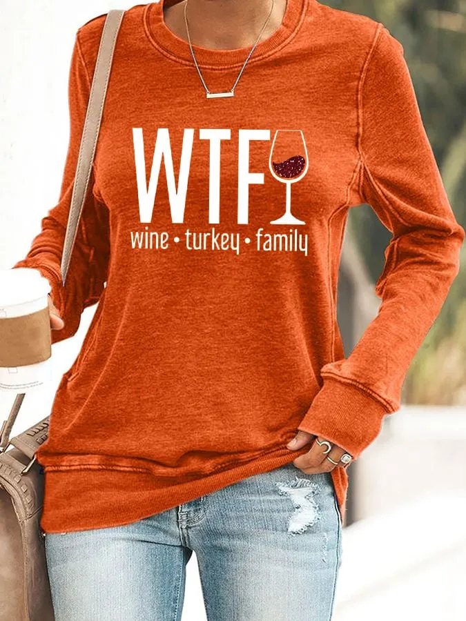 Women's Wine Turkey Family Round Neck Casual Sweatshirt 