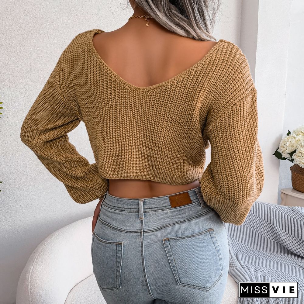 Long Sleeve Knotted Knit Sweater Crop Tops