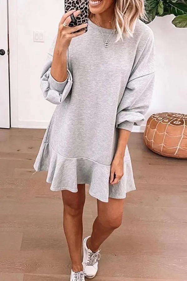 Lantern Sleeve Solid Ruffle Hem Dress