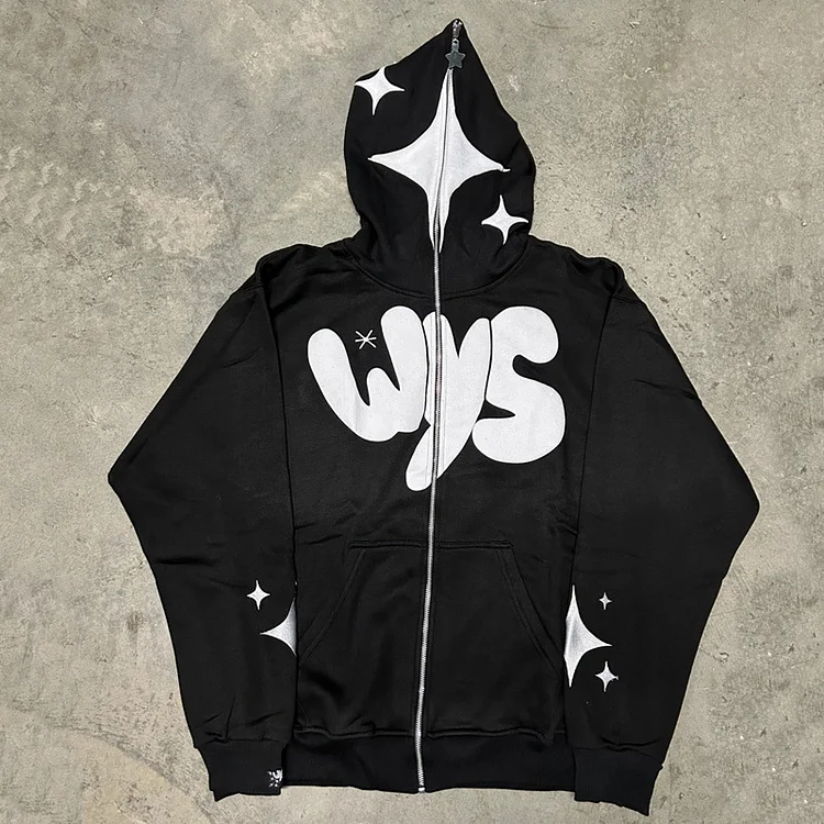 Y2k Star Letter Print Full Zip Up Hoodie Gothic Top Print Oversized Hooded Sweatshirt at Hiphopee