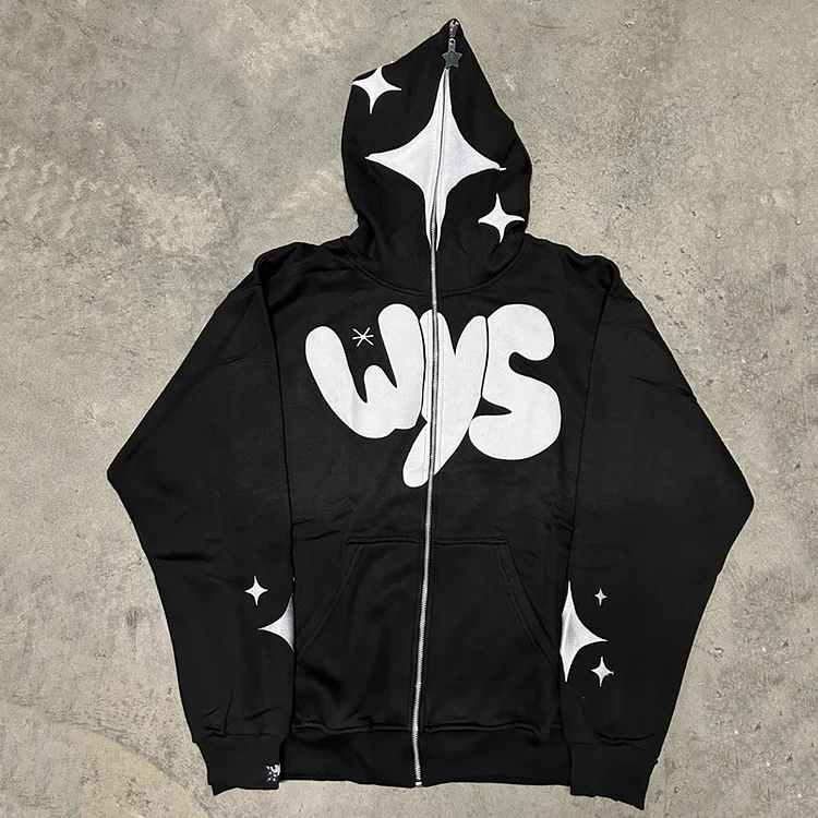 Y2k Star Letter Print Full Zip Up Hoodie Gothic Top Print Oversized Hooded Sweatshirt