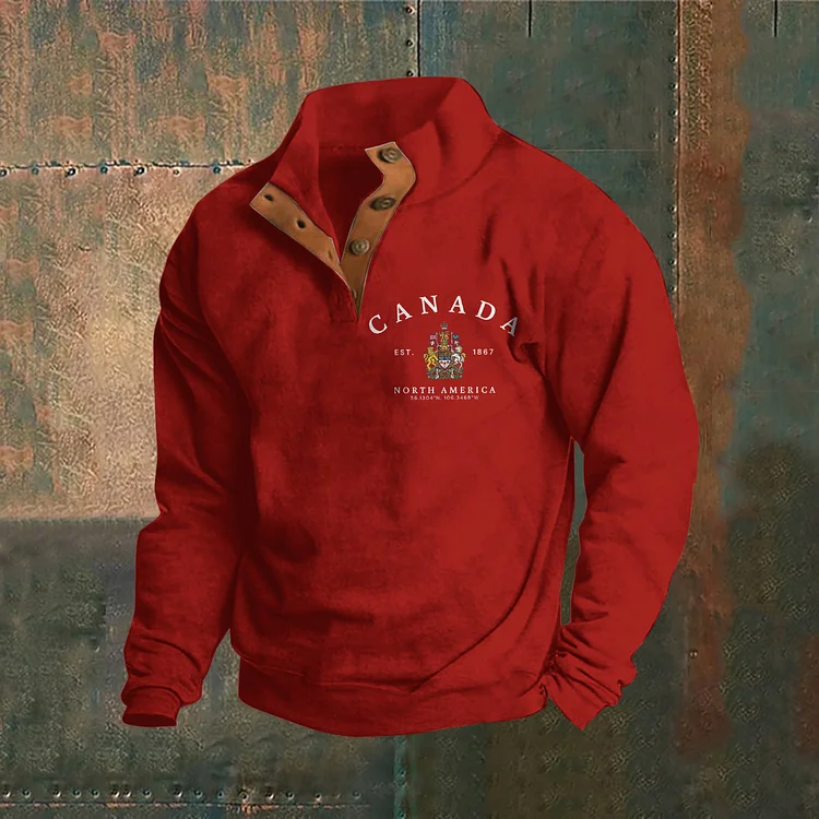 Utbros Men's Canada Print Stand Collar Button Sweatshirt