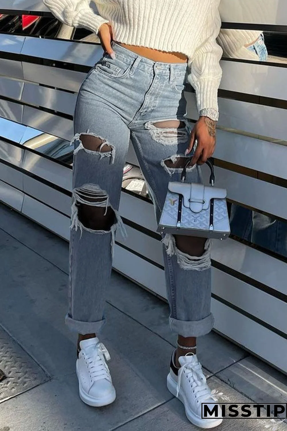 Blue Gray Street Solid Make Old Mid Waist Regular Denim