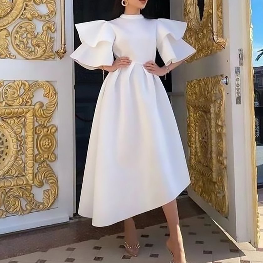 Solid Elegant Double Sleeve Midi Dress